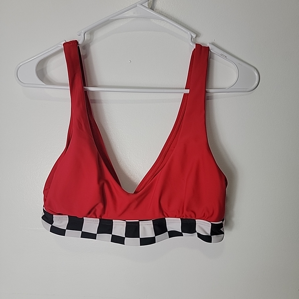 Damsel Red Black White Checkered Padded Wireless Bikini Top, L